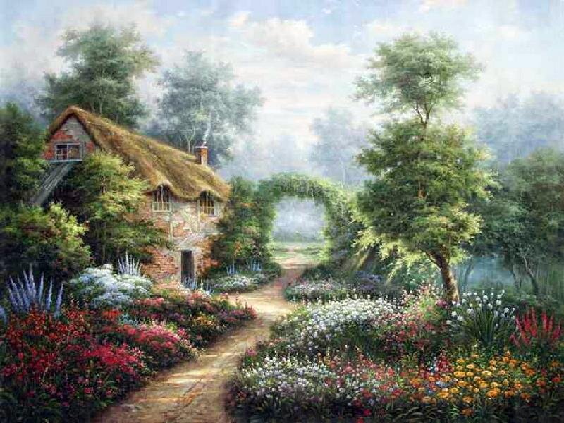 Cottage in a flower garden
