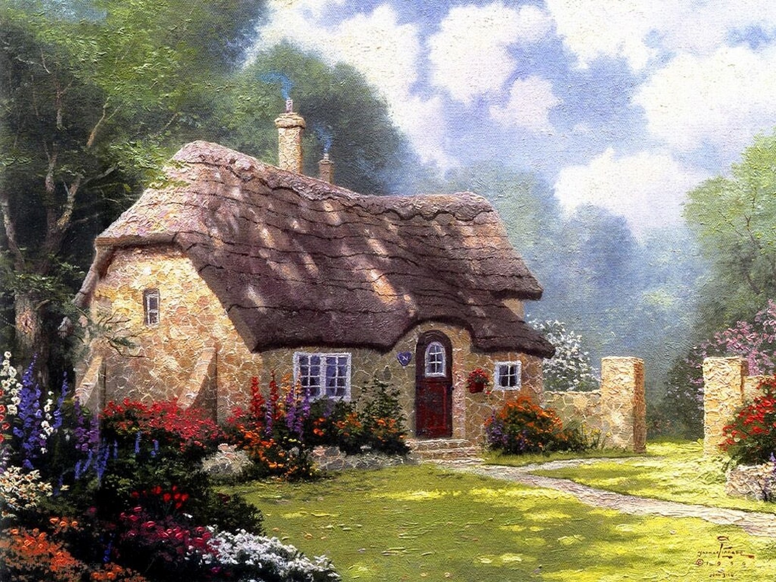 Cottage in a flower garden