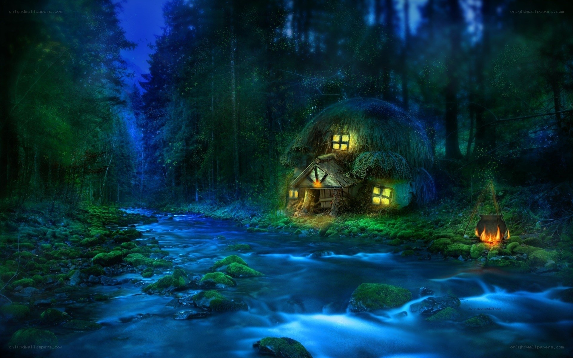 cottage in a forest at night