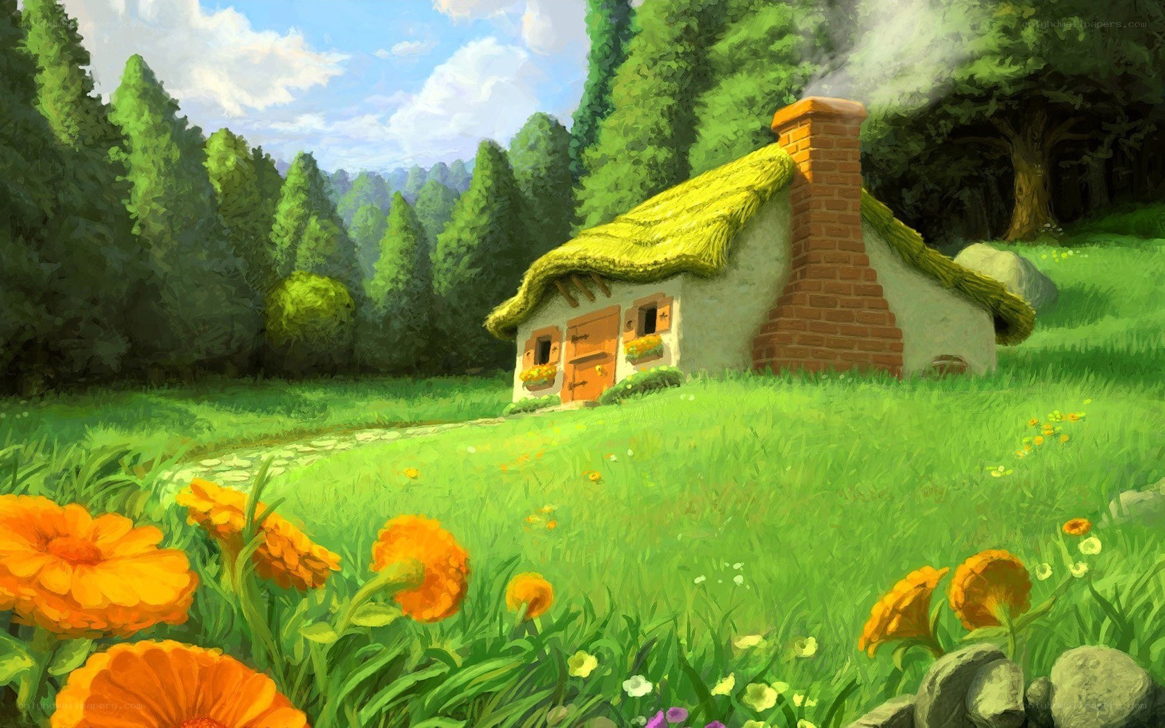 cottage in a green meadow