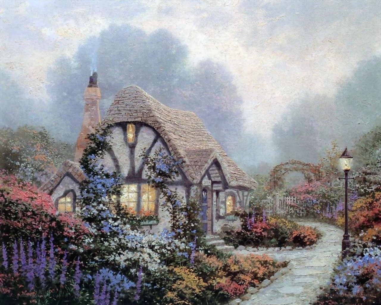 Cottage in a misty garden