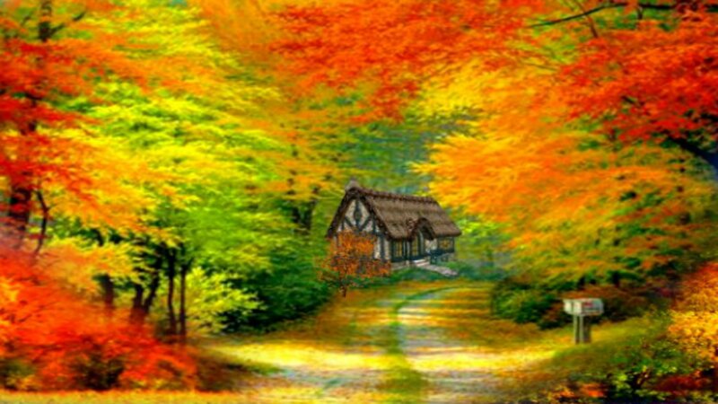 Cottage in Autumn Forest — Orange, Serene, Digital Art, Path