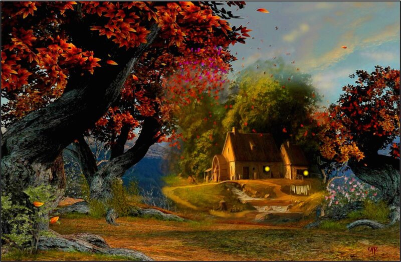 Cottage in Autumn Forest — Orange, Serene, Digital Art