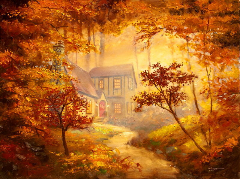 Cottage in Autumn Forest — Orange, Serene, Painting, House