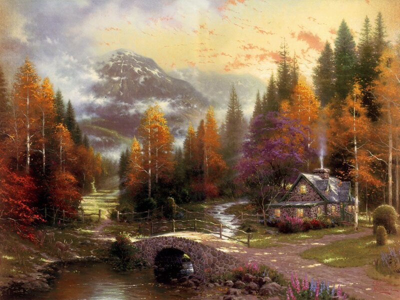 Cottage in Autumn Forest — Orange, Serene, Painting, Mountain, Stream, Bridge