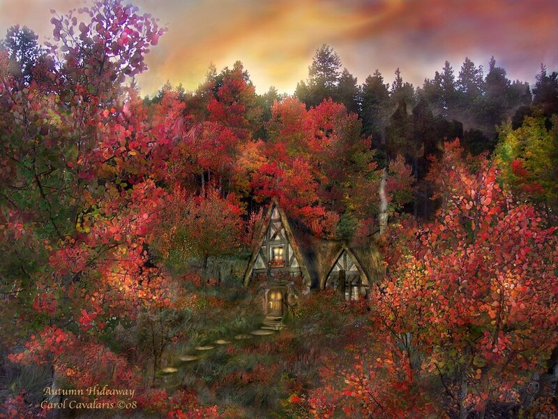 Cottage in Autumn Forest — Red, Serene