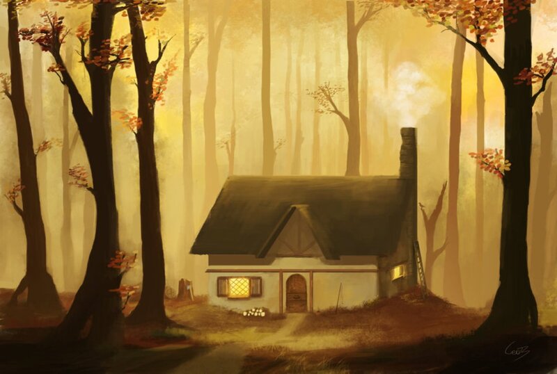 Cottage in Autumn Forest — Yellow, Serene, Digital Art