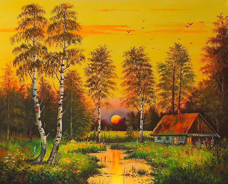 Cottage in Autumn Forest — Yellow, Serene, Sunset