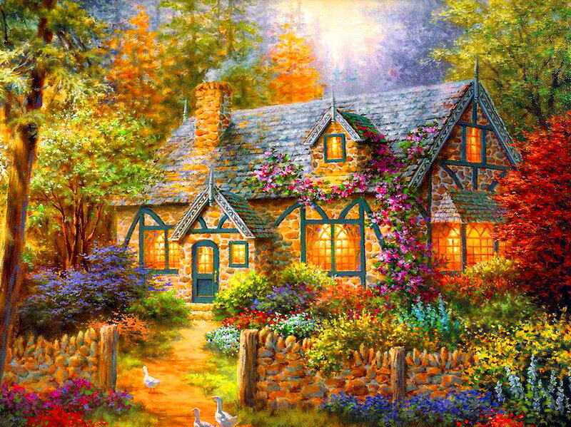 Cottage in Autumn Garden — Green, Serene, Painting