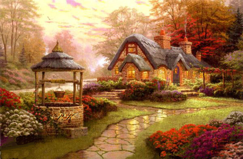 Cottage in Autumn Garden — Green