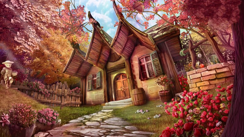 Cottage in Autumn Garden — Pink