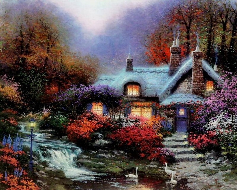 Cottage in Autumn Garden — Purple