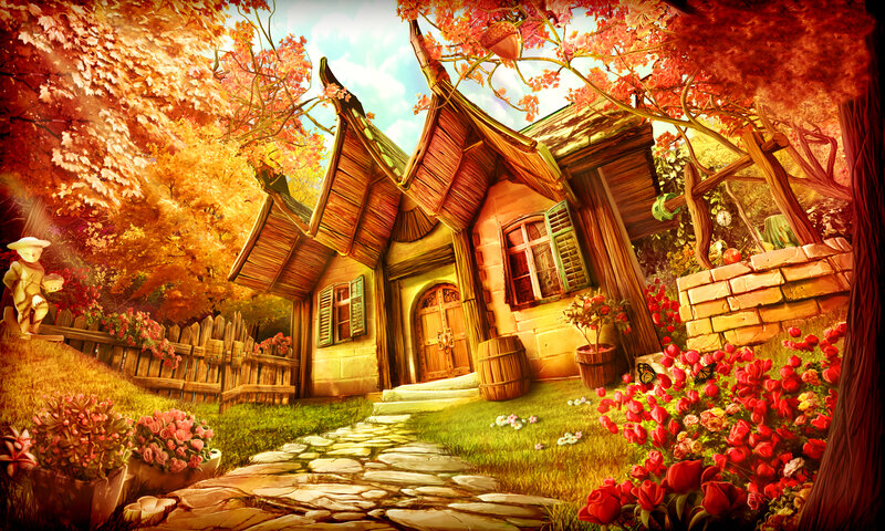 Cottage in Autumn Garden — Red, Serene, Digital Art, Flowers