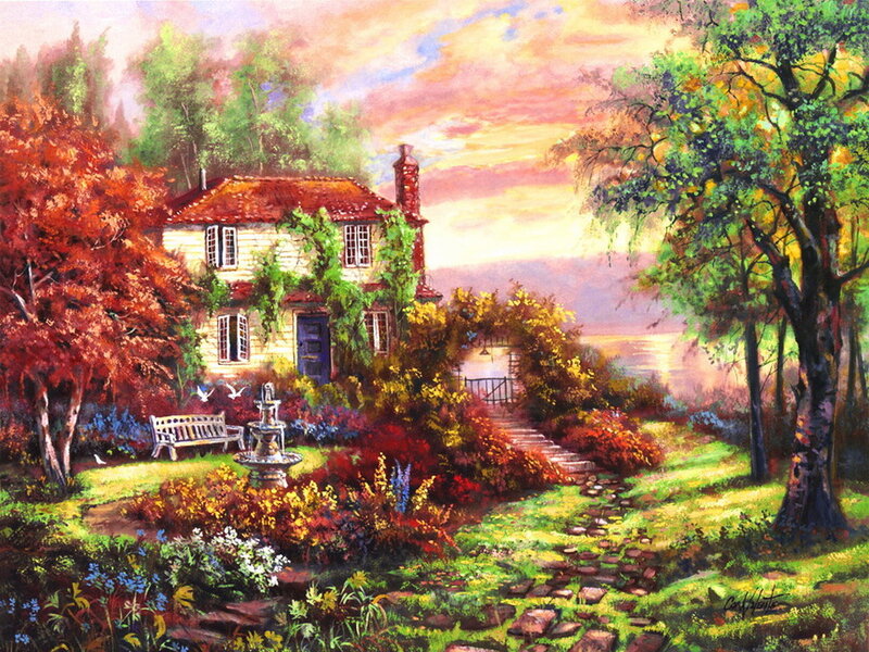 Cottage in Autumn Garden — Red, Serene, Sunset