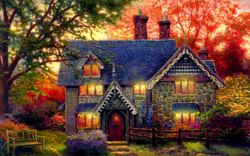 Cottage in Autumn Garden — Red, Serene