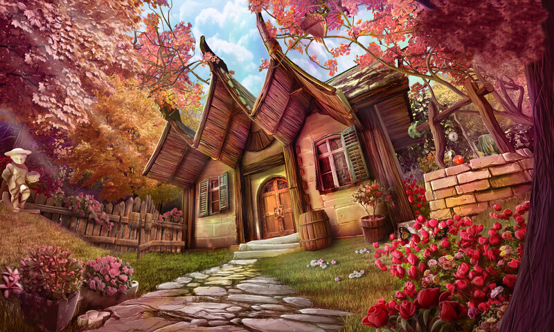 Cottage in Autumn Garden — Red
