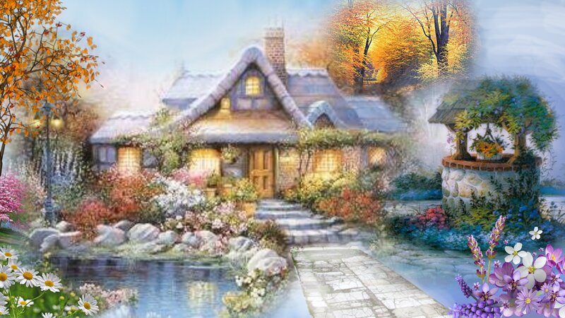 Cottage in Autumn Garden — Yellow, Serene, Painting
