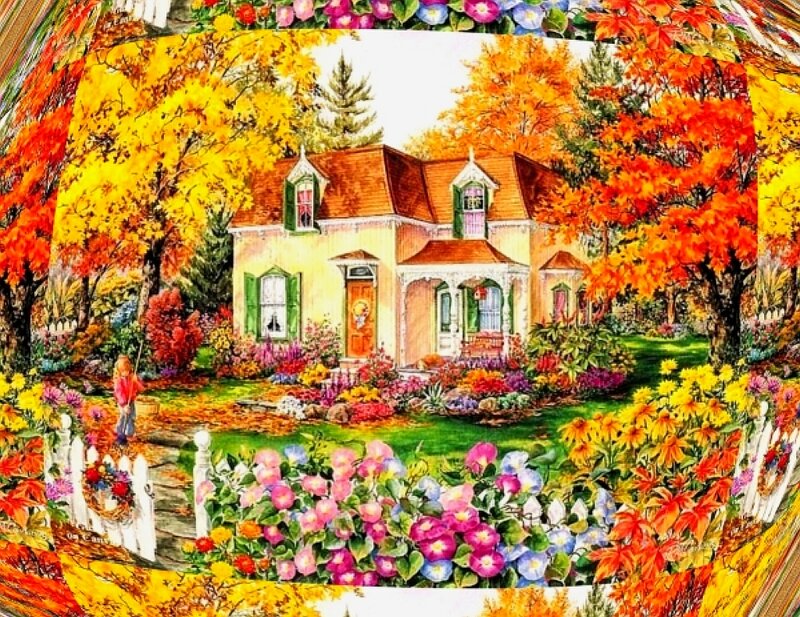 Cottage in Autumn Garden — Yellow