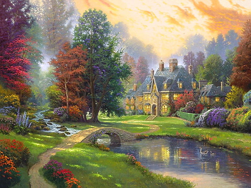 Cottage in Autumn Landscape — Green, Serene