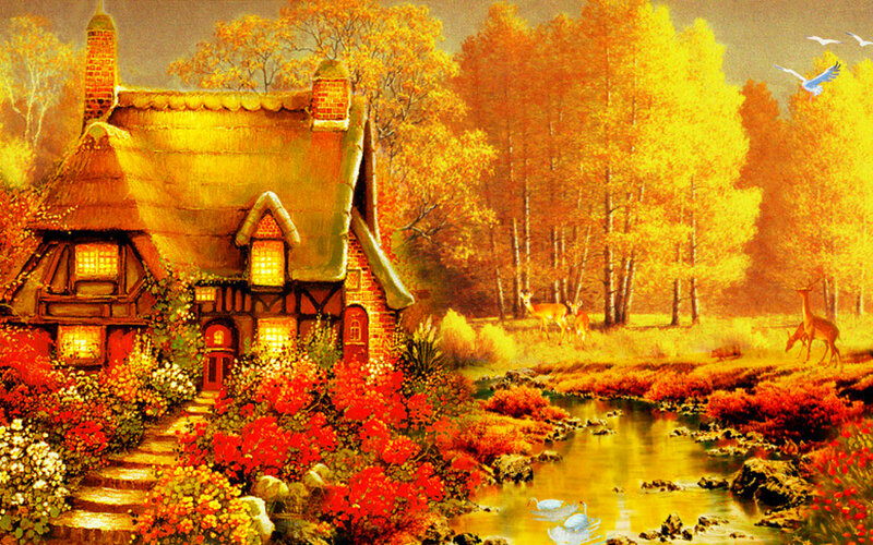 Cottage in Autumn Landscape — Yellow