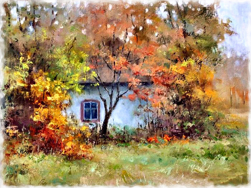 Cottage in Autumn — Orange, Serene, Painting