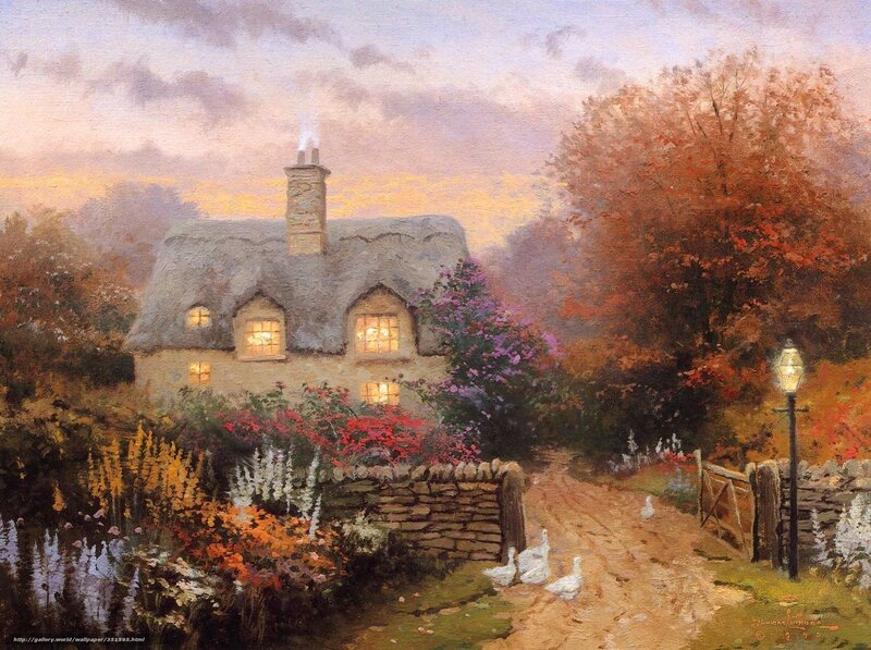 Cottage in Autumn — Orange, Serene, Sunset