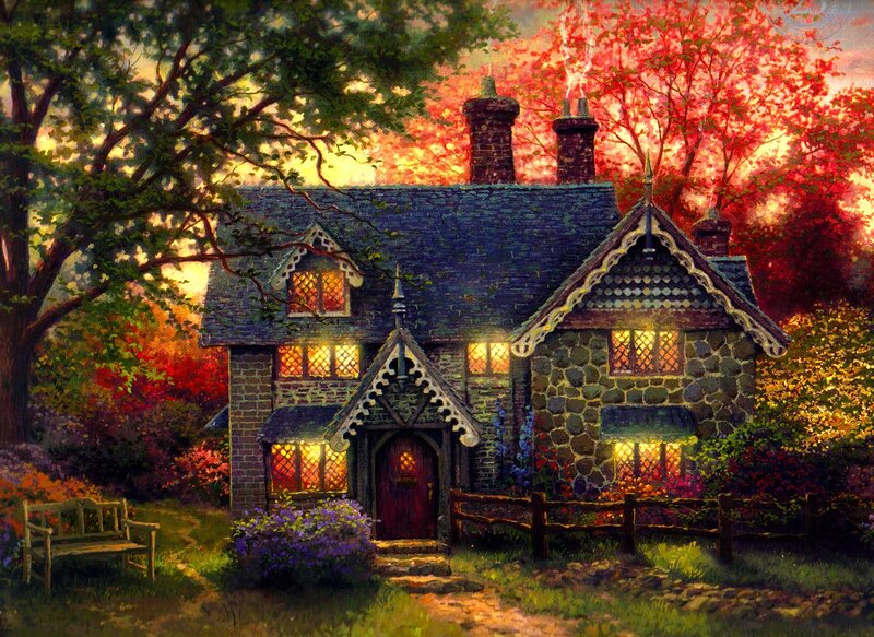 Cottage in Autumn — Red, Serene, Sunset