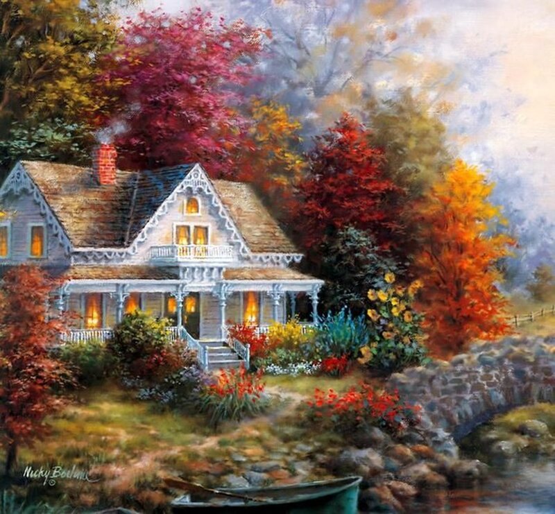 Cottage in Autumn — Red, Serene