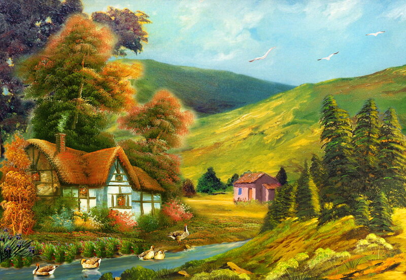 Cottage in Autumn Valley — Green, Serene