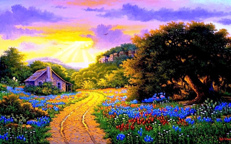 Cottage in Flower Field — Blue, Serene
