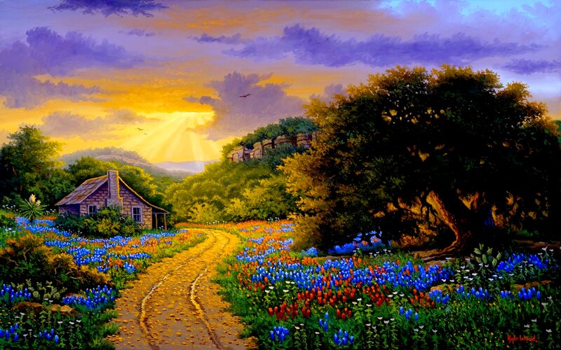 Cottage in Flower Field — Blue