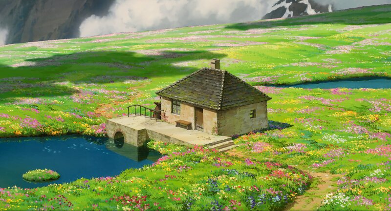 Cottage in Flower Field — Green, Serene, Afternoon, Anime
