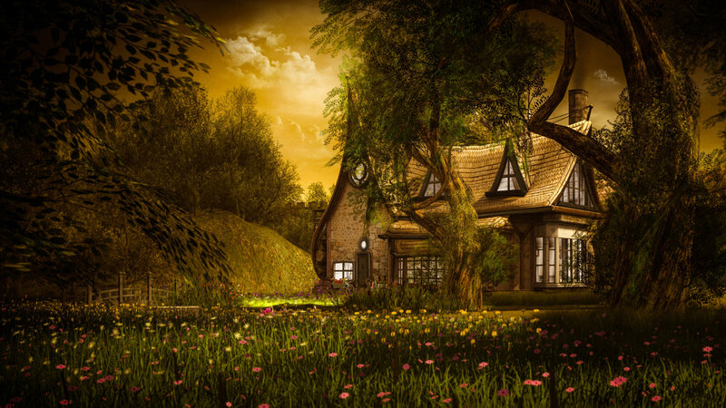 Cottage in Flower Field — Green, Serene, Sunset