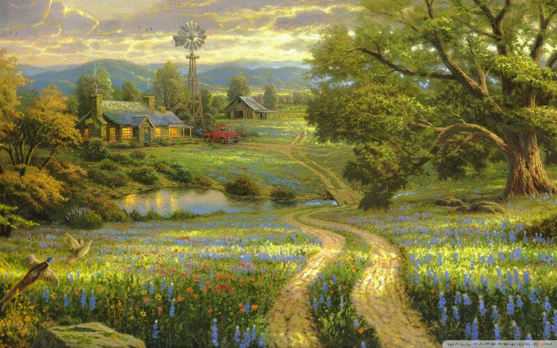 Cottage in Flower Field — Green
