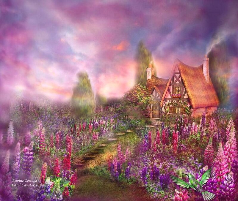 Cottage in Flower Field — Purple, Dreamy
