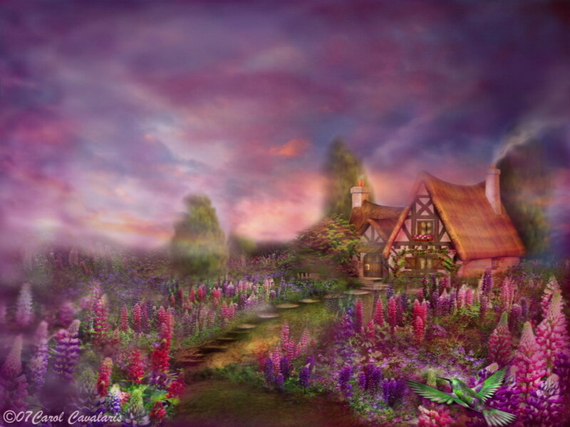 Cottage in Flower Field — Purple