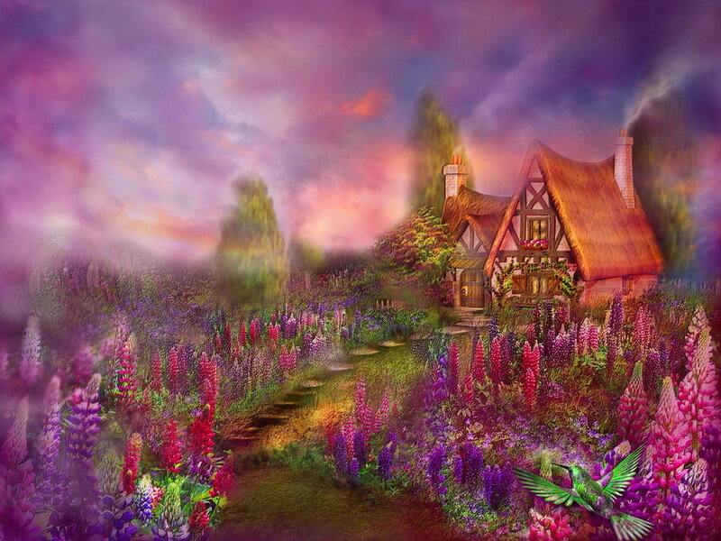 Cottage in Flower Garden — Purple