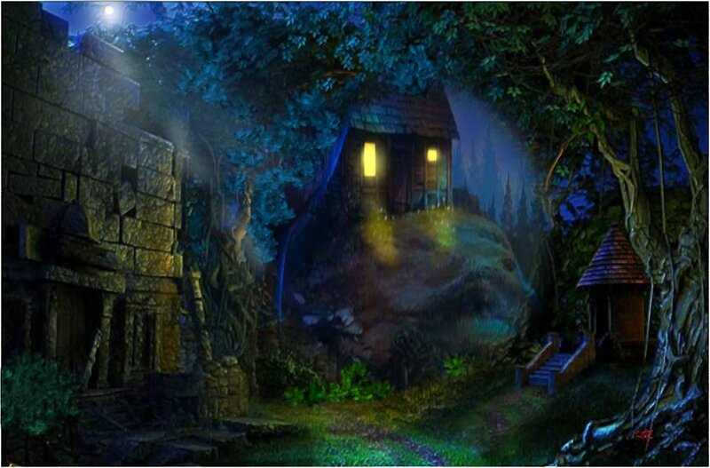 Cottage in Forest at Night