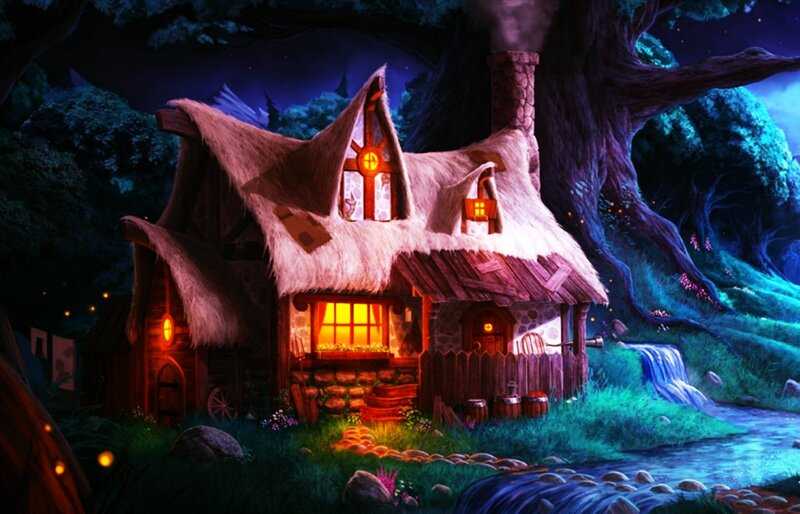 Cottage in Forest — Blue, Magical, Night