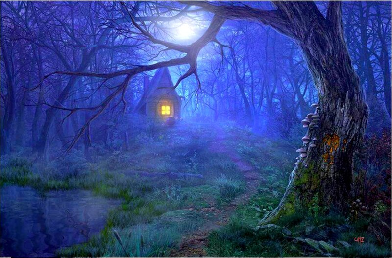 Cottage in Forest — Blue, Mysterious, Night