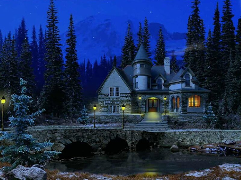 Cottage in Forest — Blue, Serene, Night, Digital Art