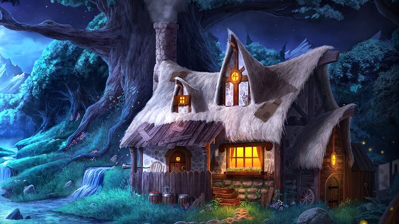 Cottage in Forest — Blue, Serene, Night, Digital Art, Tree, Stream