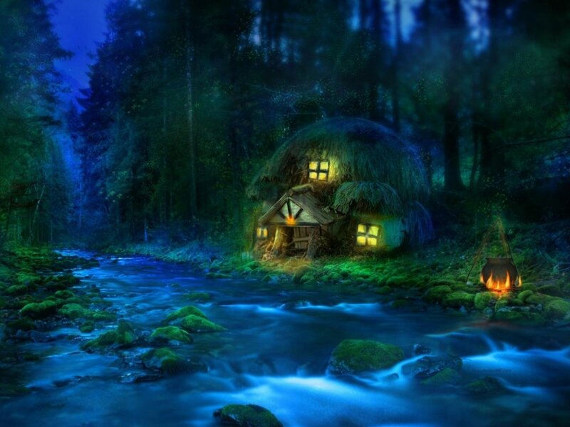 Cottage in Forest — Blue, Serene, Night