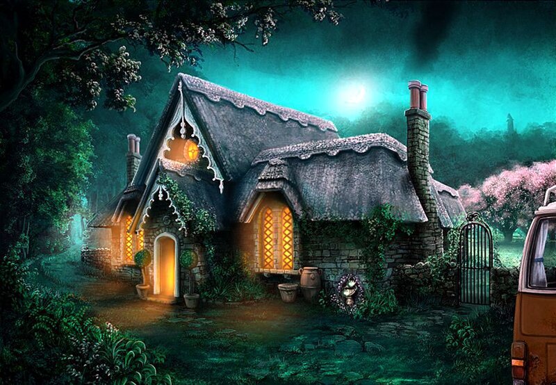 Cottage in Forest — Green, Mysterious, Night, Digital Art, Moon