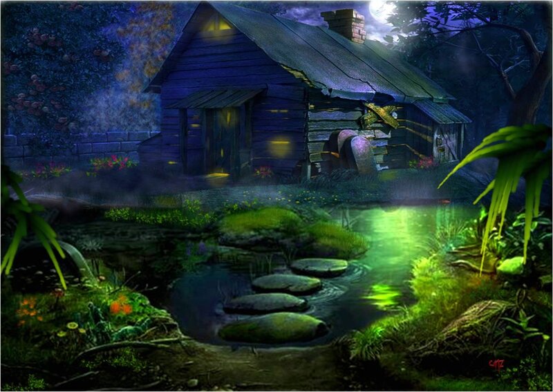 Cottage in Forest — Green, Mysterious, Night, Digital Art, Stream