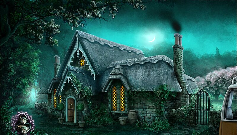 Cottage in Forest — Green, Mysterious, Night, Digital Art