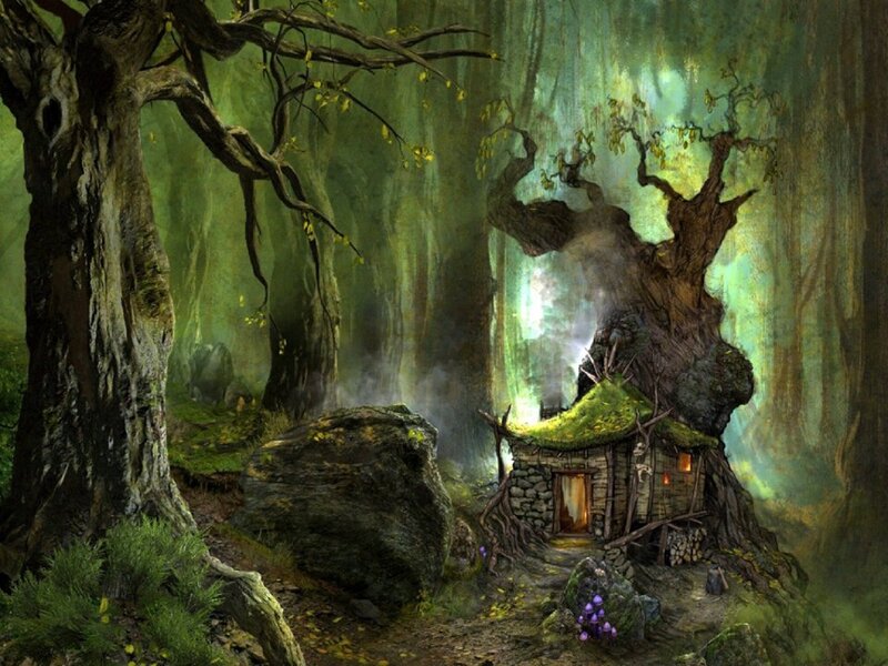 Cottage in Forest — Green, Mysterious, Night, Digital Art, Tree, Moss