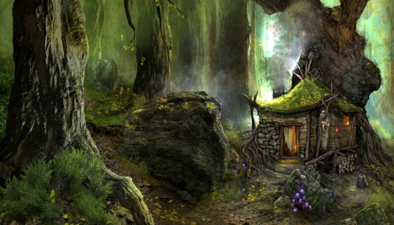 Cottage in Forest — Green, Mysterious, Night, Digital Art, Tree