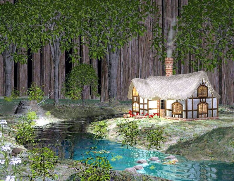 Cottage in Forest — Green, Serene, Afternoon, 3d Render