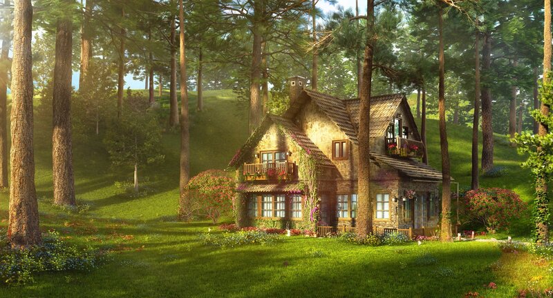 Cottage in Forest — Green, Serene, Afternoon, 3d Render, Trees